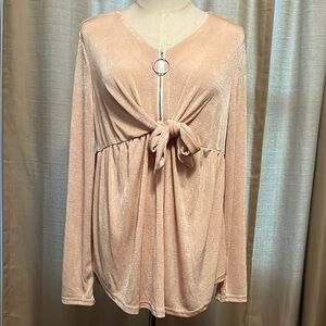 JOYJOY Champagne Pink Tie Front Zipper Maternity Nursing Blouse Womens Medium
